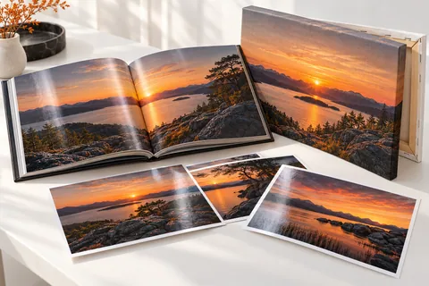 Фотоотпечатки, открытая фотокнига и фотография на холсте — визуализация